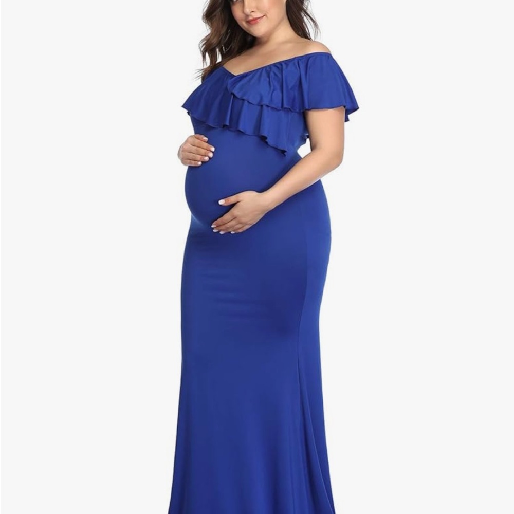 Royal Blue Off-Shoulder Maternity Dress - Picture 2 of 3